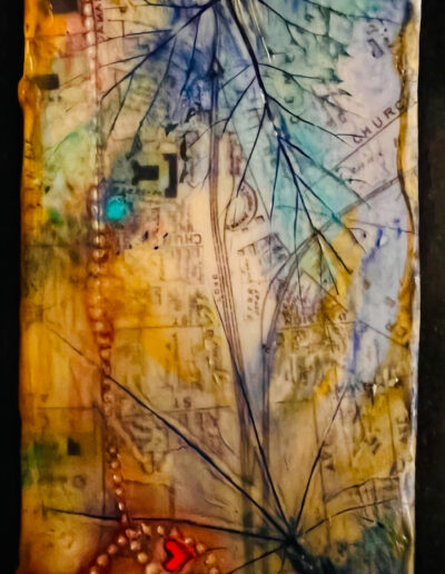 Jamaica Station, for Cathi, encaustic mixed media on wood panel, 5.5" x 2.5"