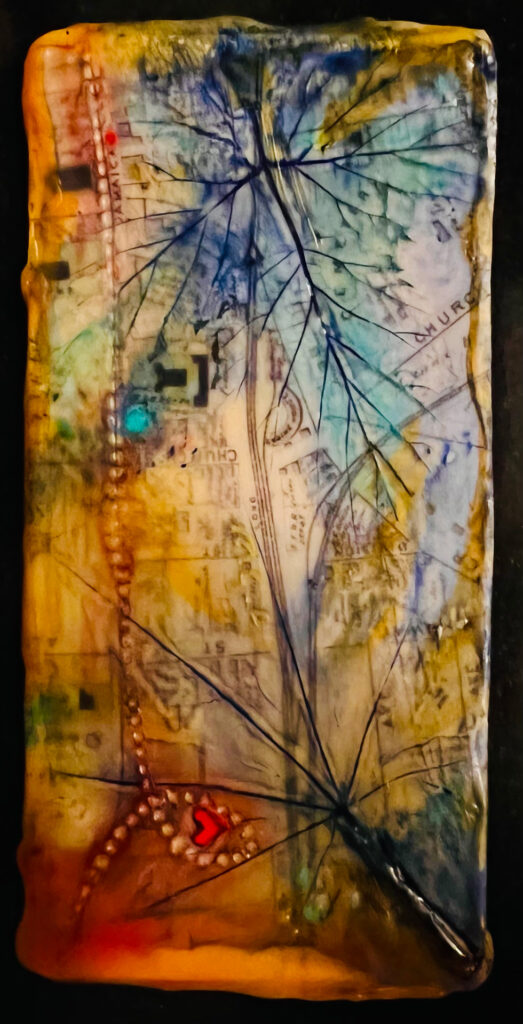 Jamaica Station, for Cathi, encaustic mixed media on wood panel, 5.5" x 2.5"