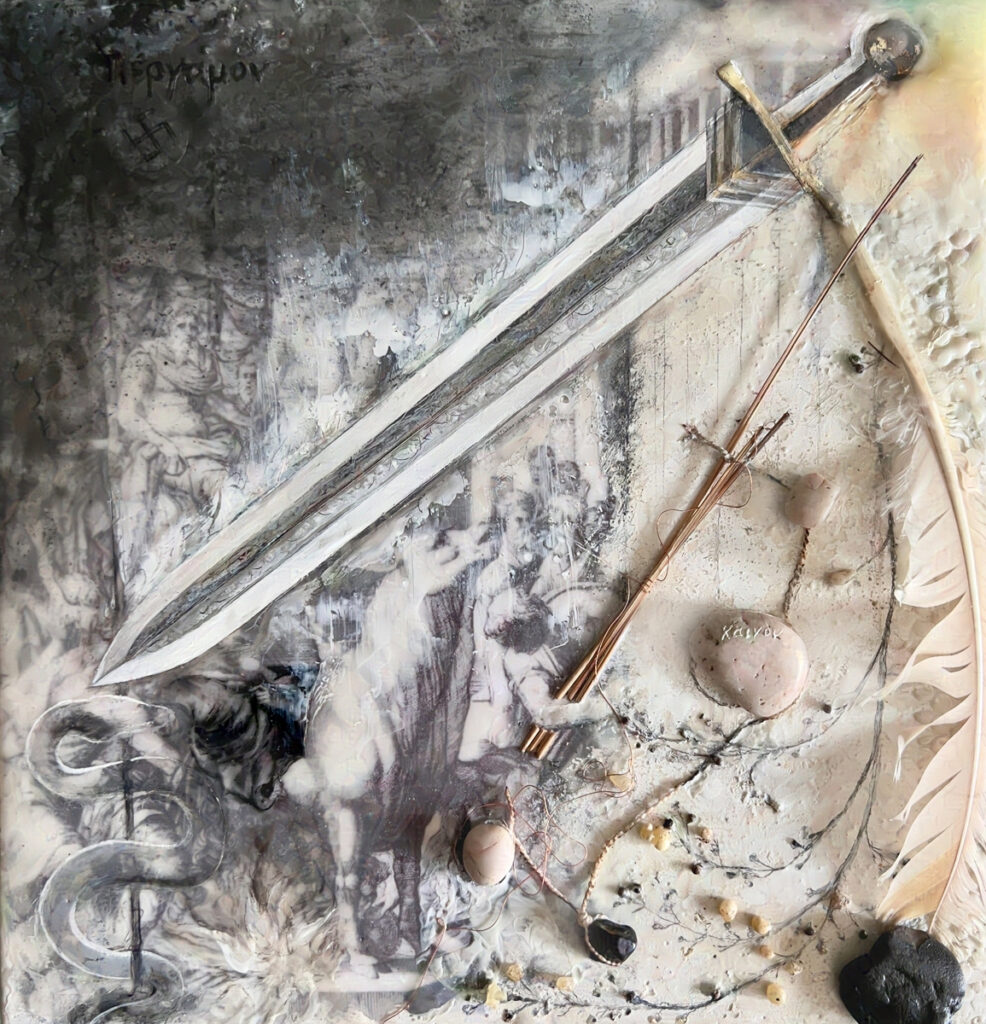 Revelation: Pergamum (Compromise), encaustic mixed media on wood panel, 13" x 12.25"