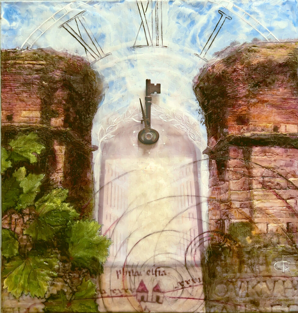 Revelation: Philadelphia (Perseverance), encaustic mixed media on wood panel, 13" x 12.25"