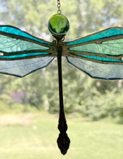 Dragonfly, stained glass made with antique silverware, 5.75" x 8"