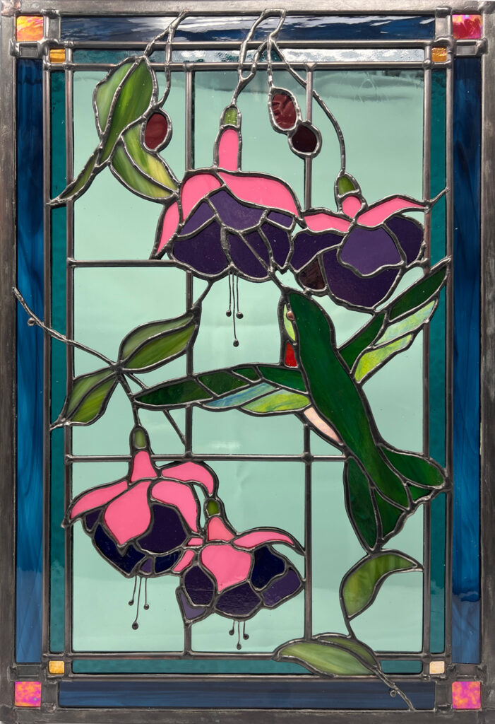 Oma's Hummingbird, stained glass, 18" x 14"