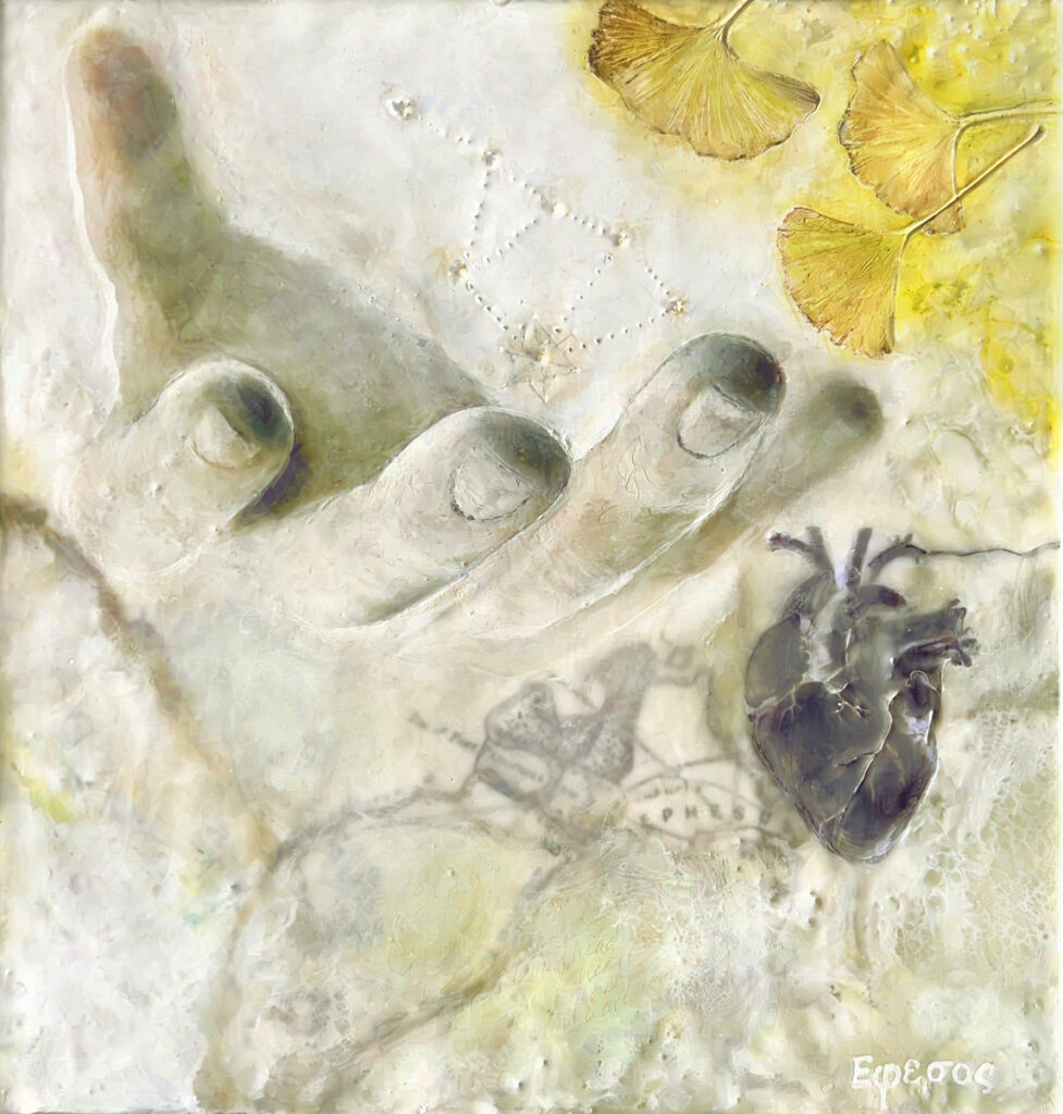 Revelation: Ephesus (Dogma), encaustic mixed media on wood panel, 13" x 12.25"