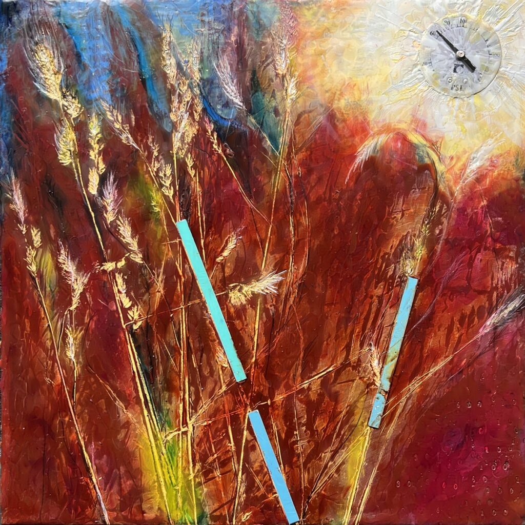 Seed: Fruitful, encaustic mixed media on wood panel, 12" x 12"