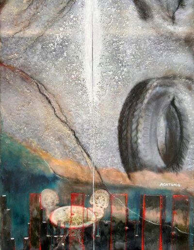Ephemeral: Nightmare / Achtung, mixed media encaustic on paper, 11.25" x 7.75"