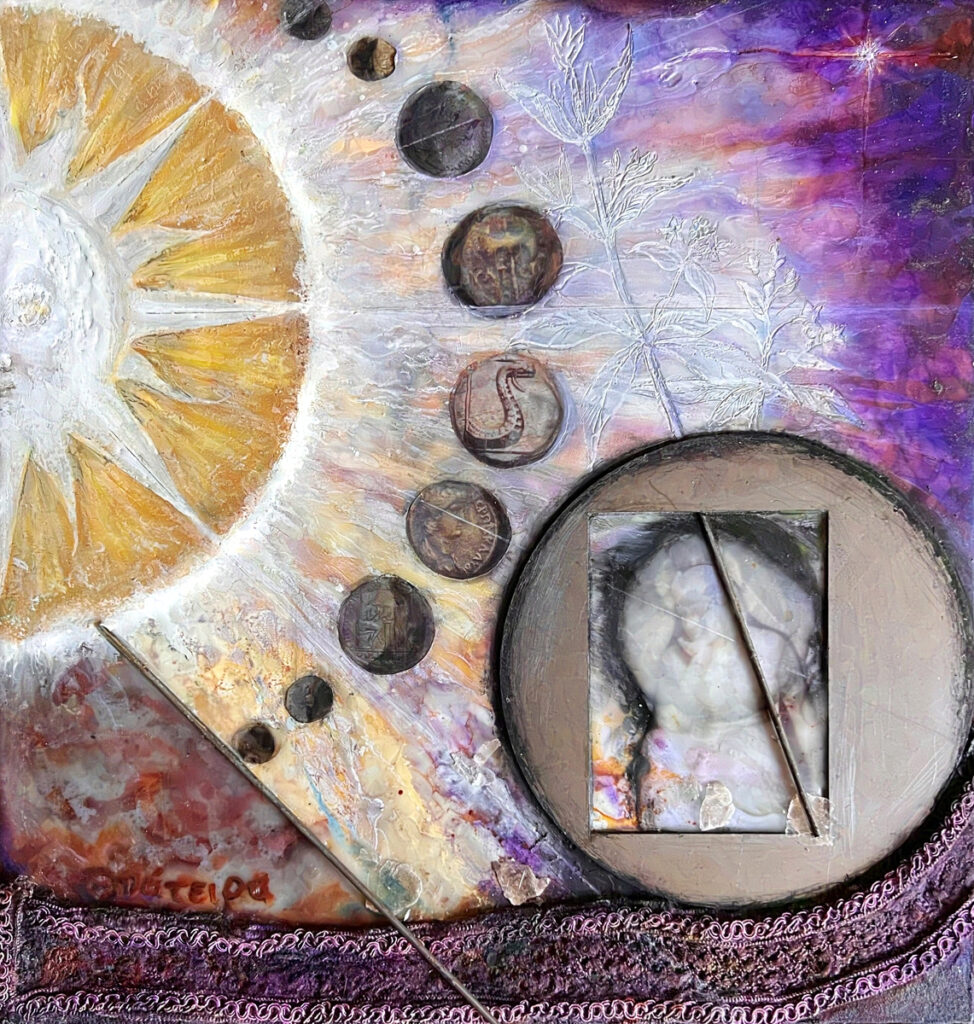 Revelation: Thyatira (Syncretism), encaustic mixed media on wood panel, 13" x 12.25"