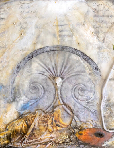 Revelation: Sardis (Reputation), encaustic mixed media on wood panel, 13" x 12.25"
