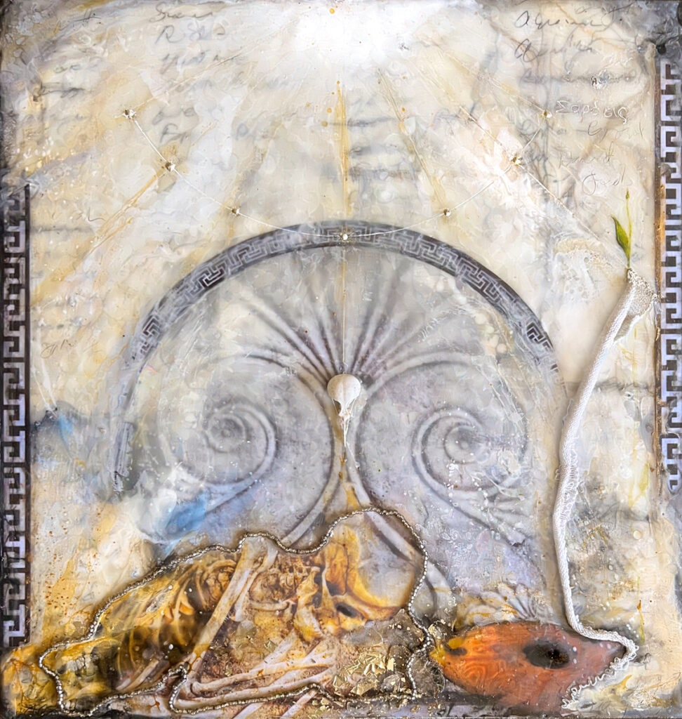 Revelation: Sardis (Reputation), encaustic mixed media on wood panel, 13" x 12.25"