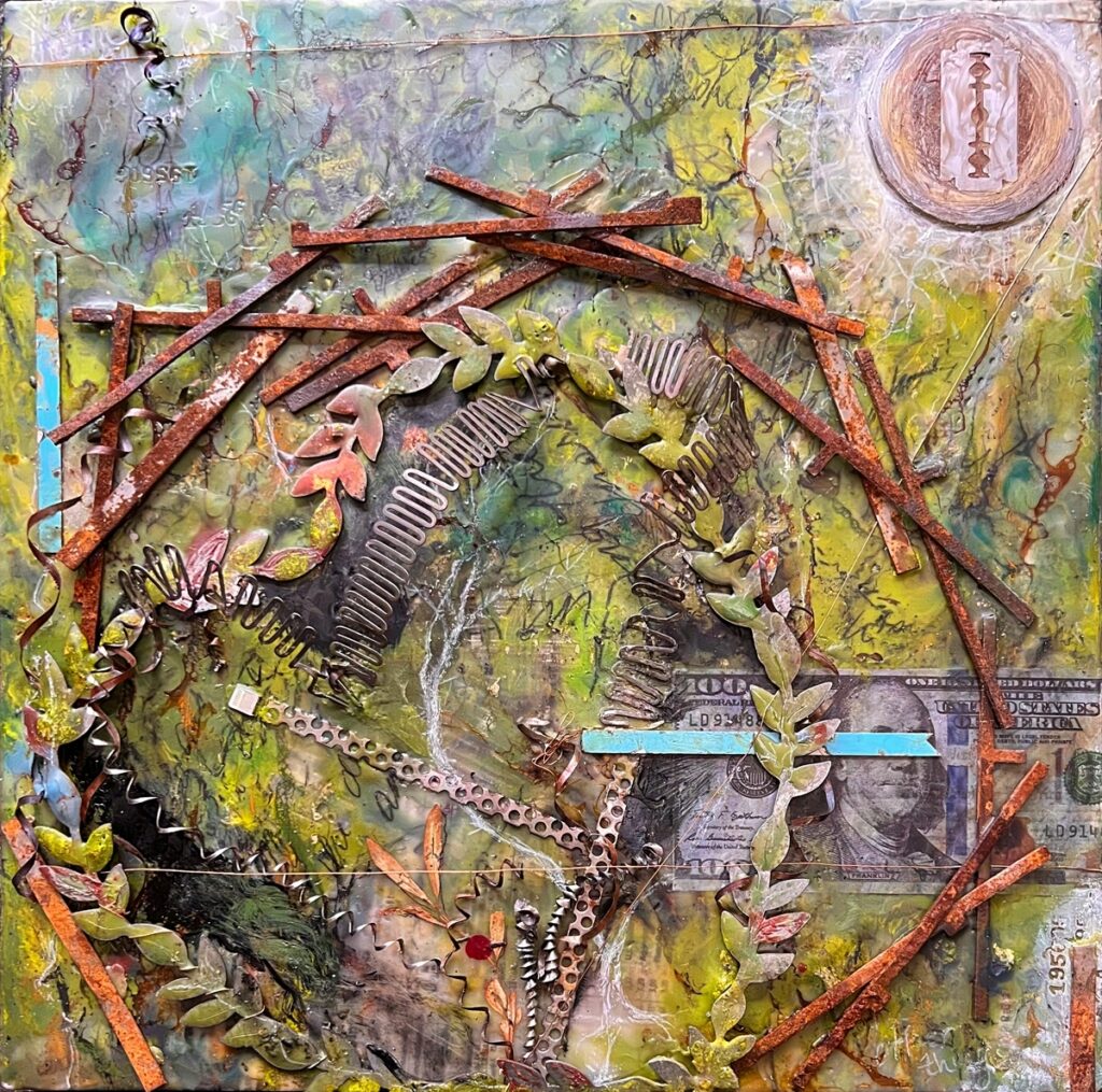 Seed: Choked, encaustic mixed media on wood panel, 12" x 12"