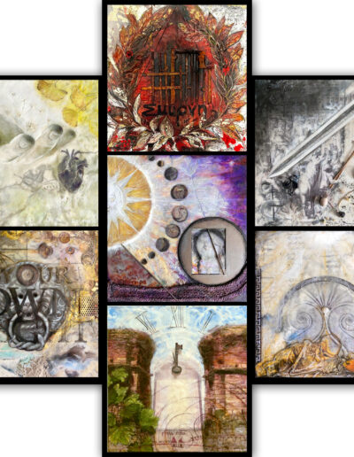 7 Churches of Revelation, Encaustic mixed media on cradled wood panels, 36" x 36"