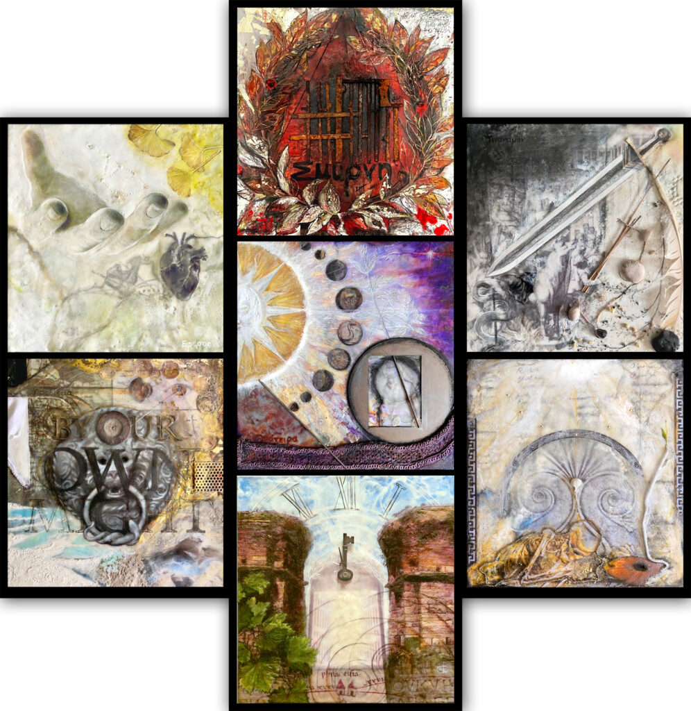 Seven Churches, Encaustic mixed media on cradled wood panels, 36" x 36"