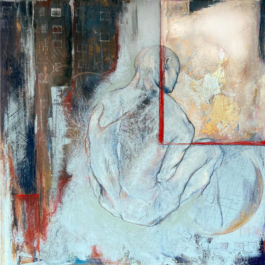 Unearthed, Oil, cold wax, gold leaf, charcoal, pastel and wax pencil on canvas, 20" x 20"