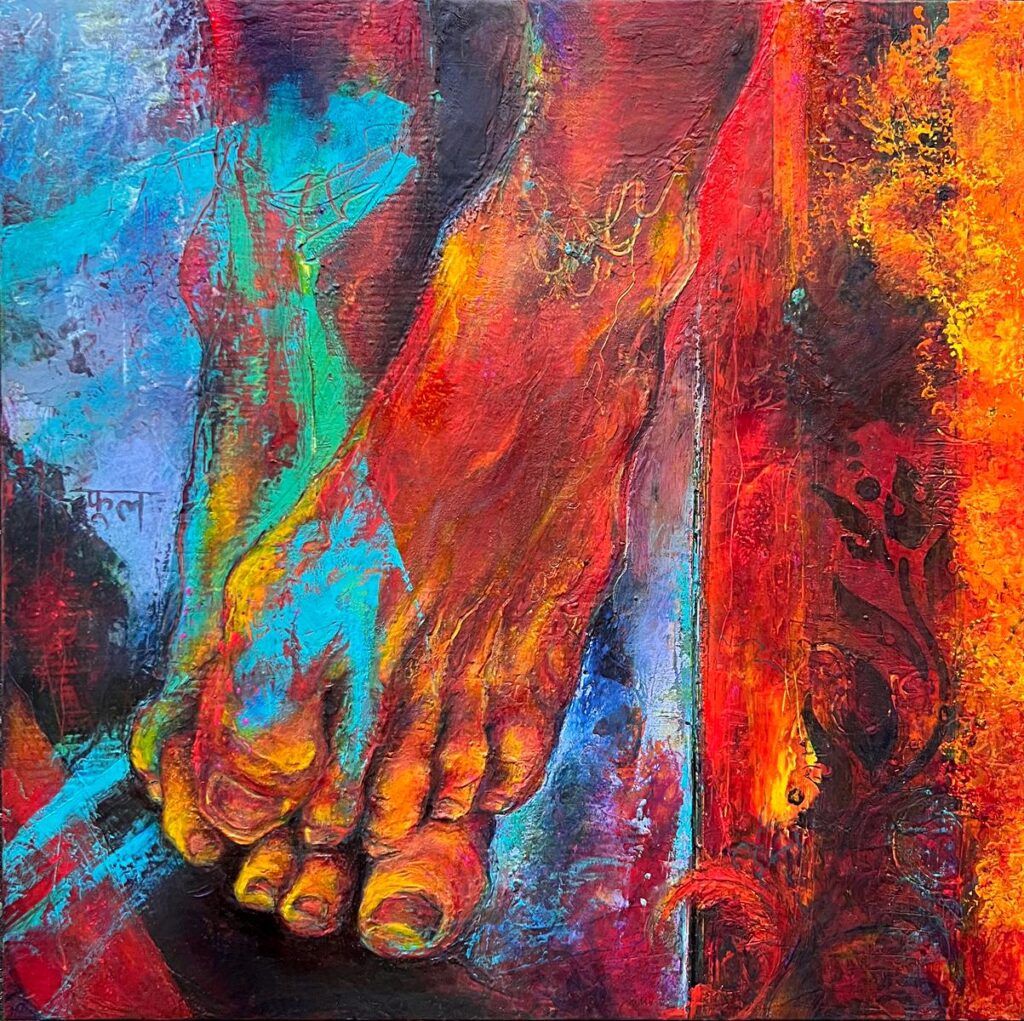 India, Oil, cold wax, pastel and wax pencil on cradled wood panel, 12" x 12"