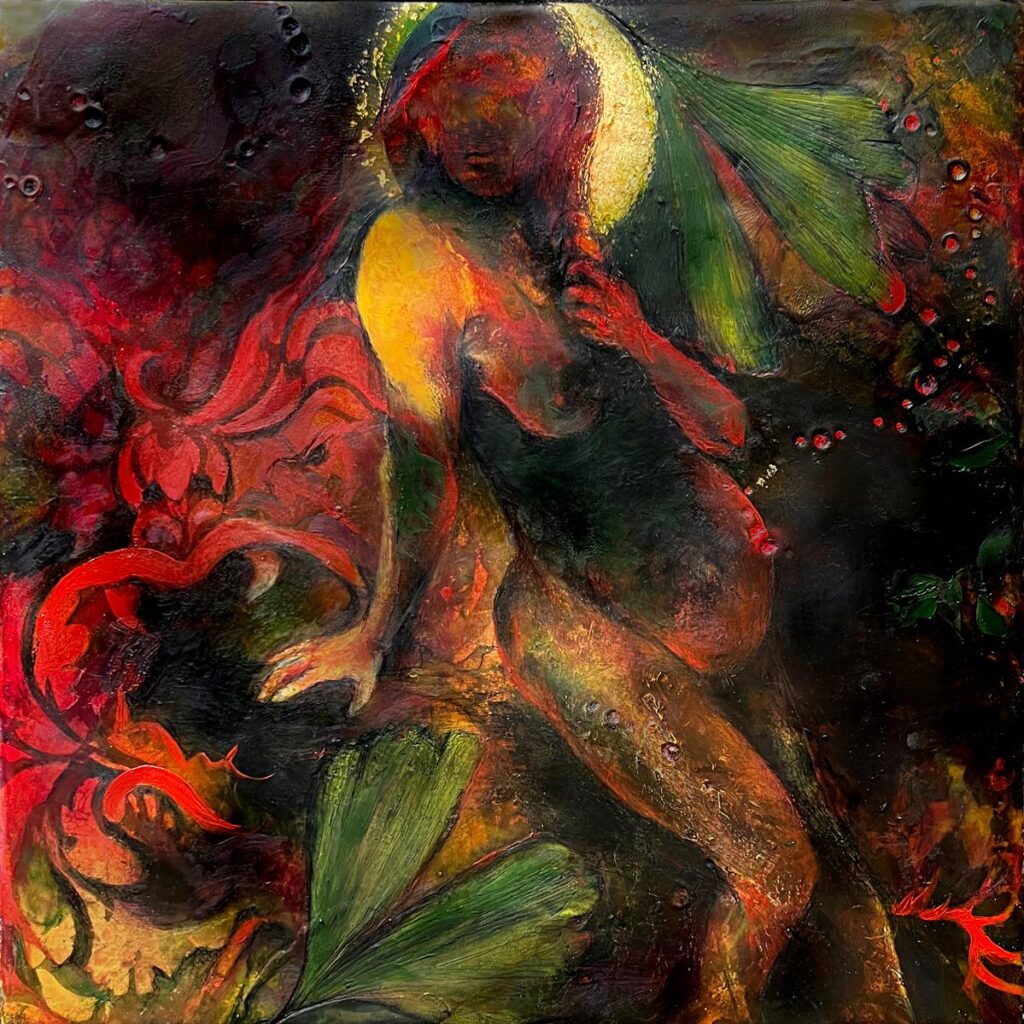 The Lady & the Dragon, Encaustic, oil, cold wax, wax pencil and gold leaf on cradled wood panel, 12" x 12"