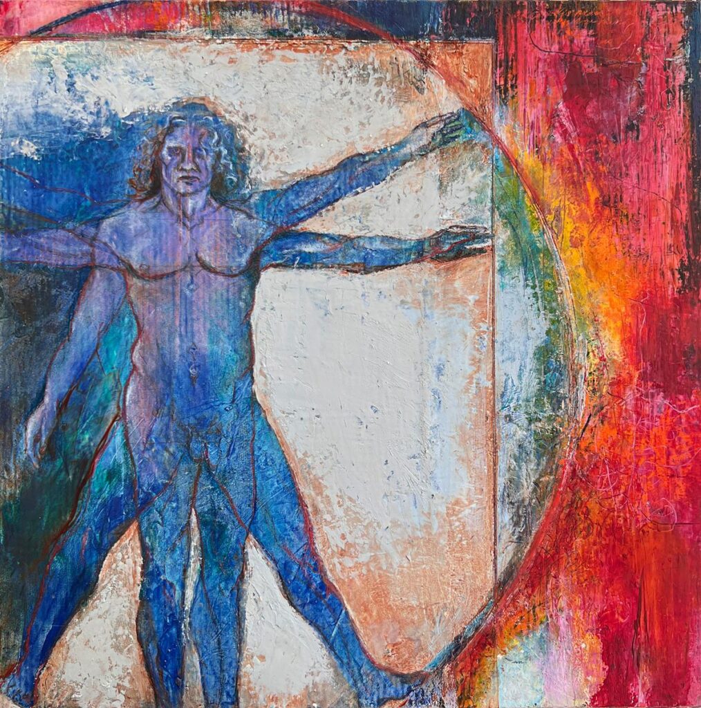 Vitruvian Man, Oil, cold wax, and wax pencil on cradled wood panel, 12" x 12"