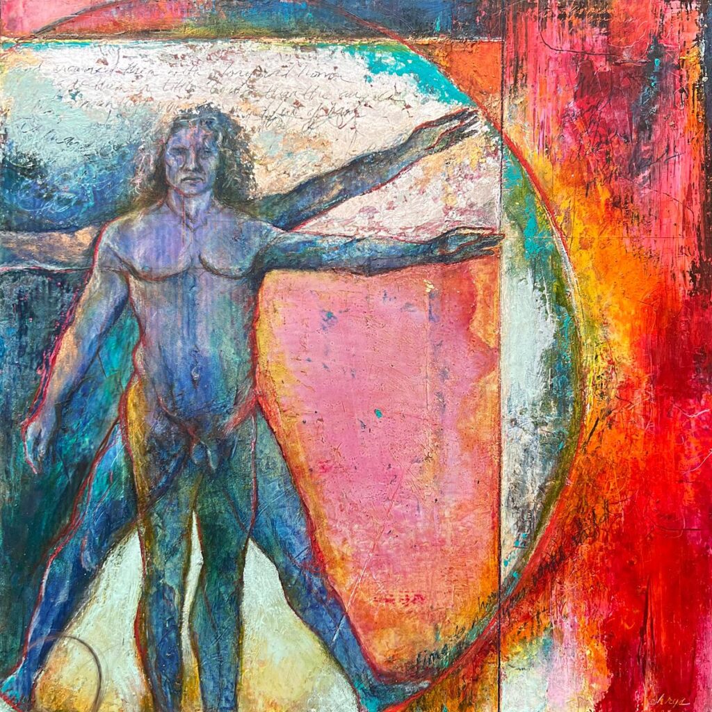 Vitruvian Man, Oil, cold wax, and wax pencil on cradled wood panel, 12" x 12"