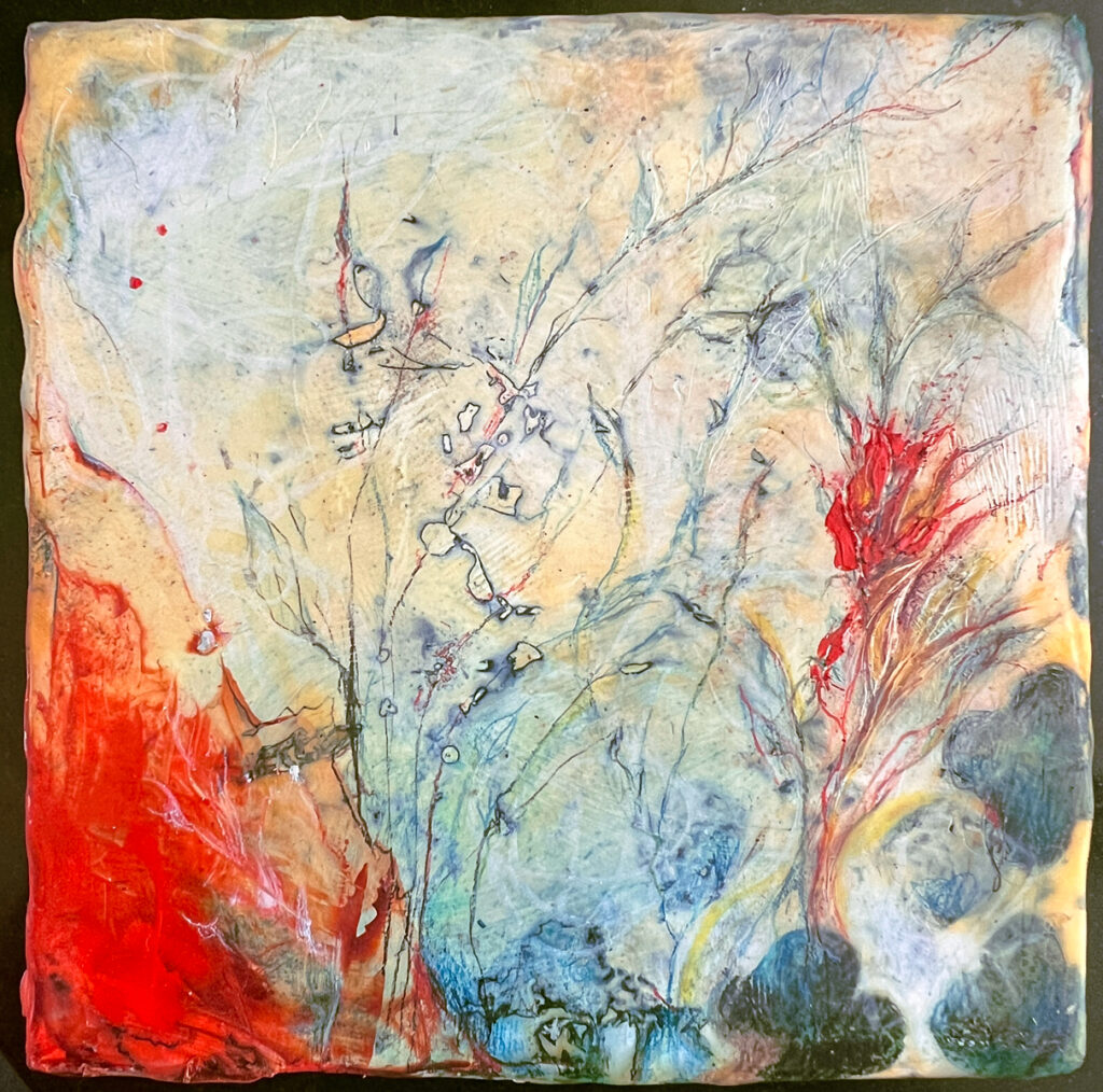 The World Was Smaller Then, Encaustic, oil, cold wax, and wax pencil on claybord, 5" x 5"