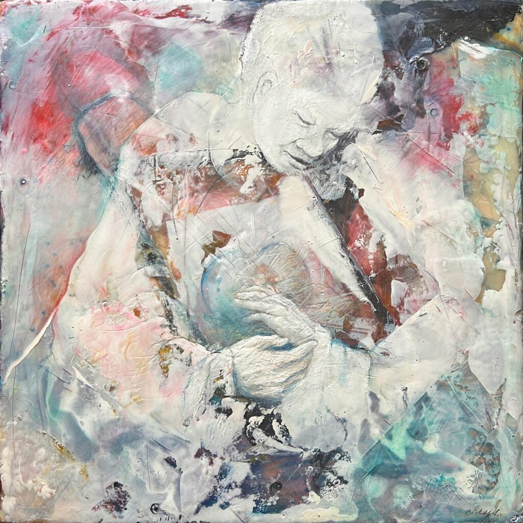 Story Keeper (Holding Space), Oil, cold wax, pastel and wax pencil over encaustic on cradled wood panel, 12" x 12"