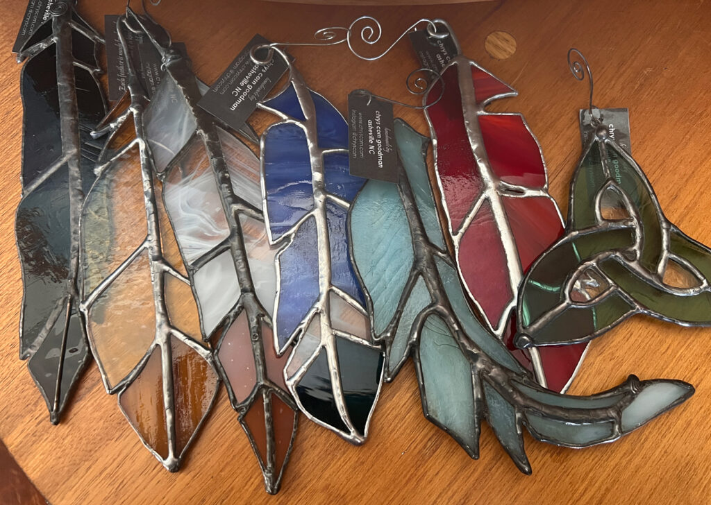 Feather Ornaments, Stained Glass, each approx. 10" x 3"