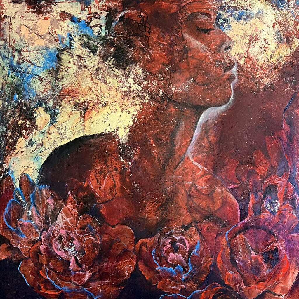 Speak To Me (I Hear You), Oil, cold wax, pastel, wax pencil, charcoal and gold leaf on cradled wood panel, 30" x 30"