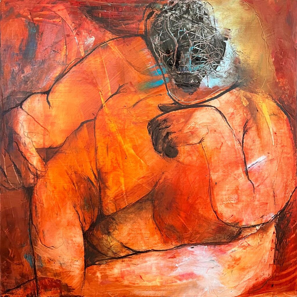 Goddess, oil, cold wax, mixed media on cradled wood panel, 18" x 18"