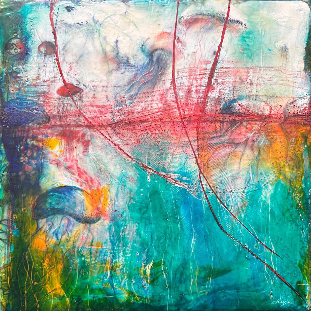 Medusas, encaustic mixed media on cradled wood panel, 8" x 8"