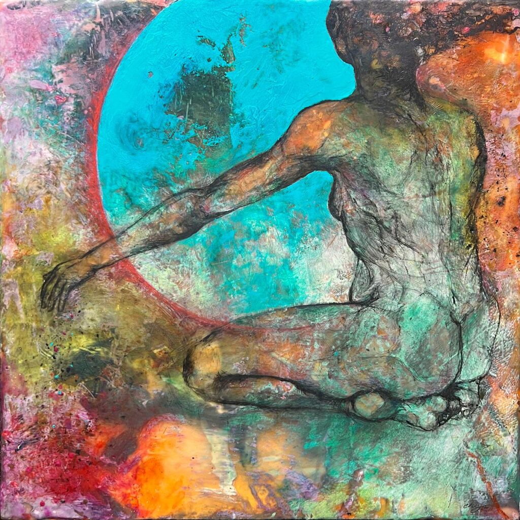 Odilon, oil, cold wax, and mixed media over encaustic on cradled wood panel, 12" x 12"