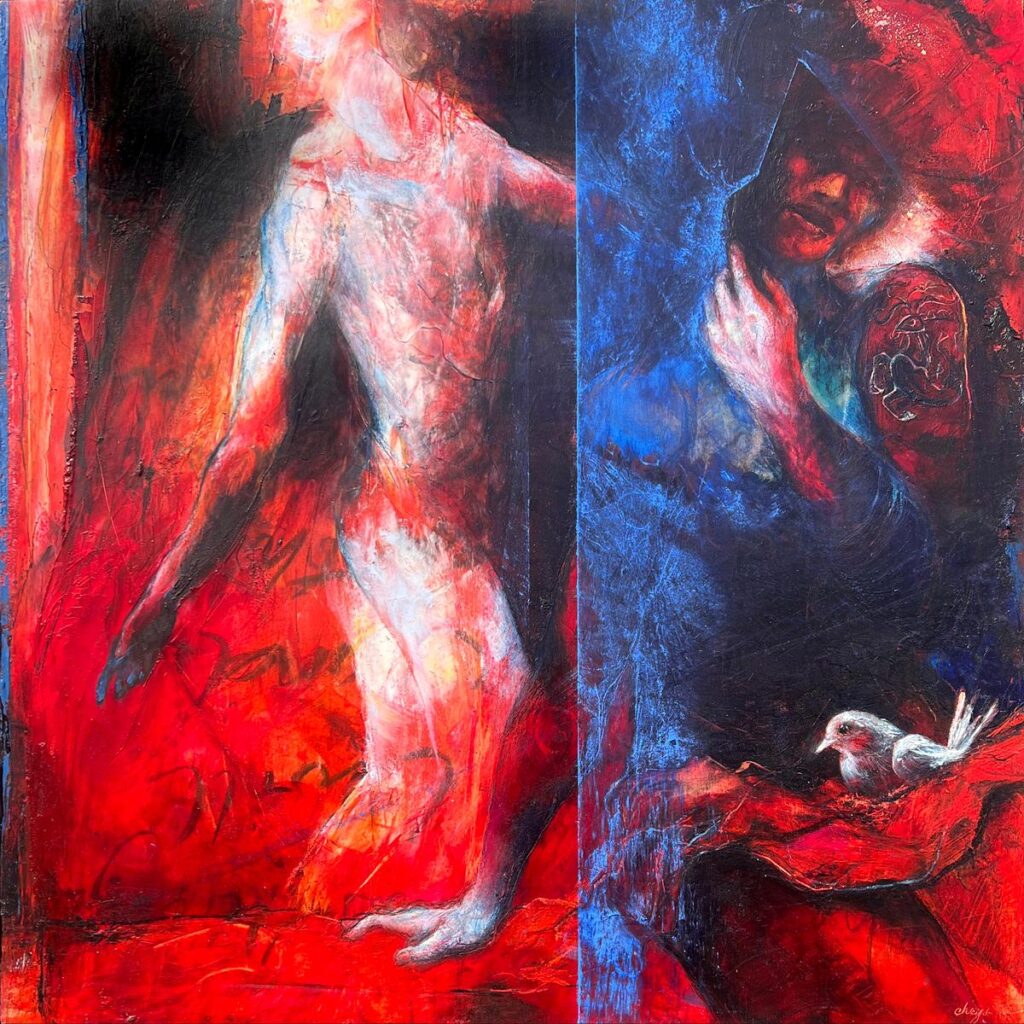Doves & Ravens (Gangsters & Angels), Oil, cold wax, pastel, wax pencil, charcoal and raw pigment on cradled wood panel, 18" x 18""