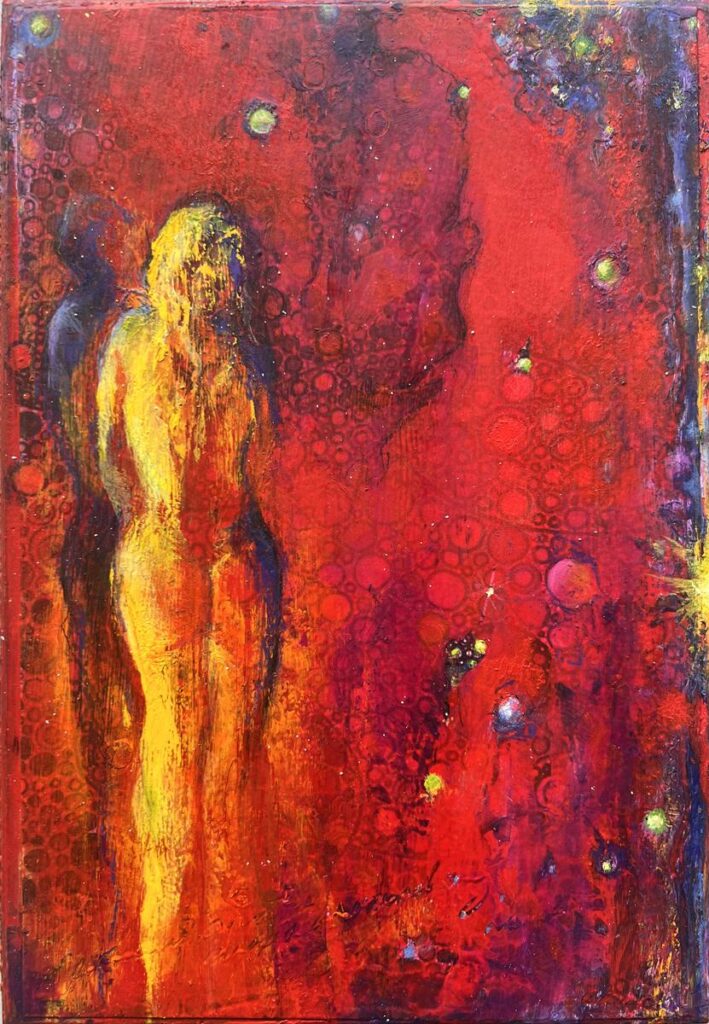 Fireflies. Oil, cold wax, wax pencil and ink on paper on cradled wood panel. 8" x 6"
