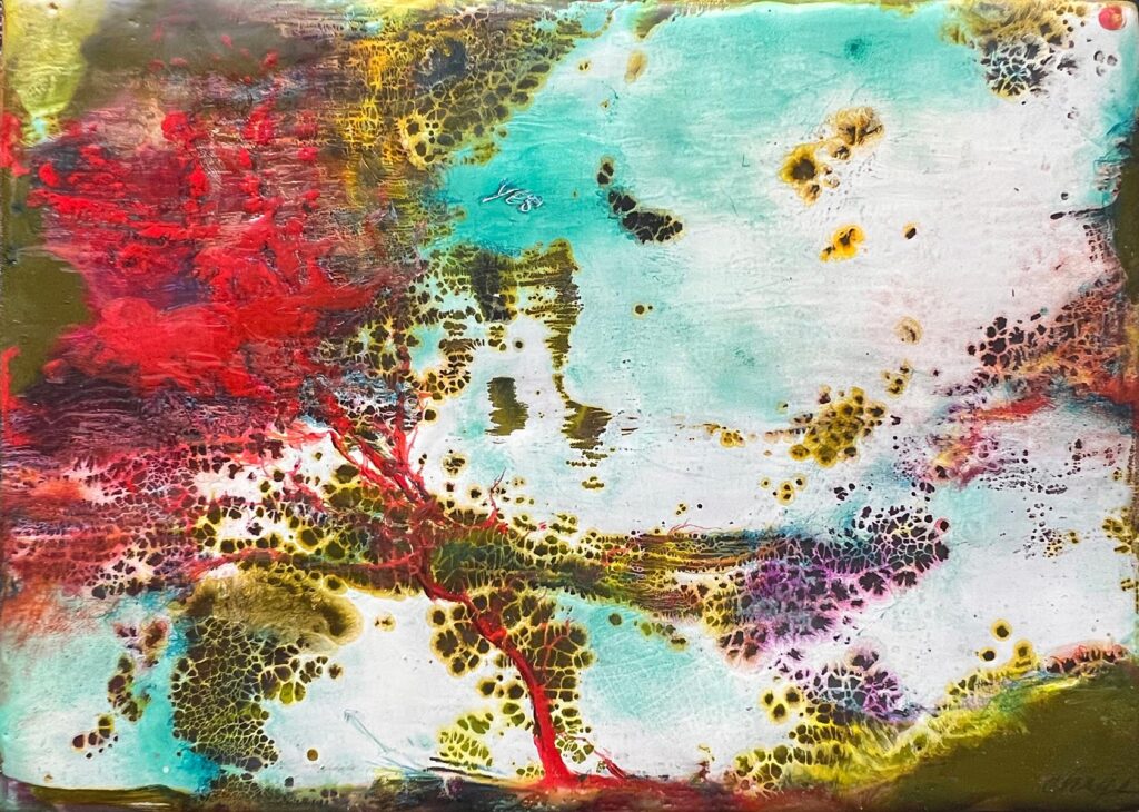Fjaka (Holiday). Encaustic mixed media on cradled wood panel, 8" x 10"