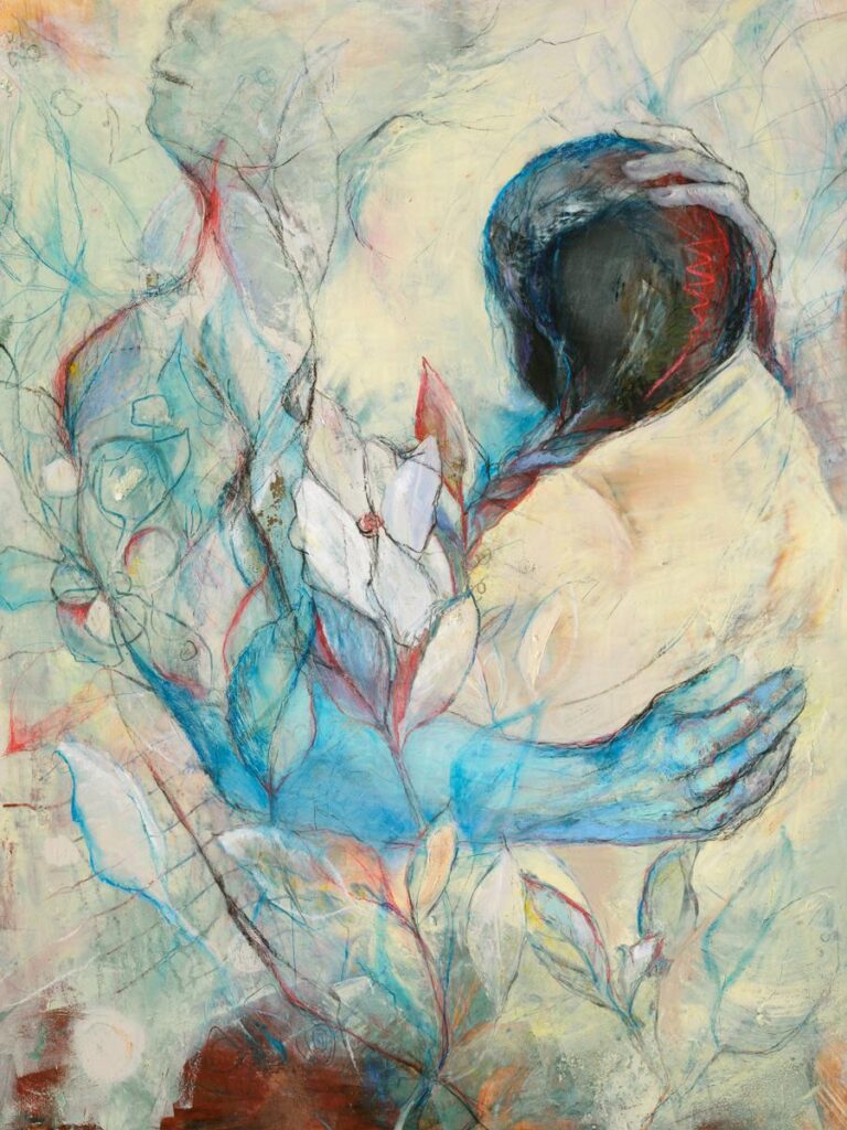 Icarus Ascending, Oil, cold wax, pastel, wax pencil, charcoal and gold leaf on cradled wood panel, 24" x 18""