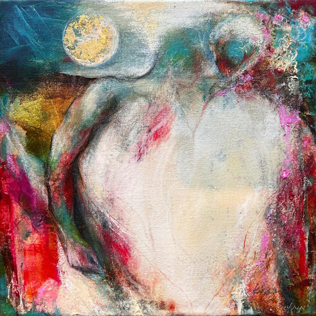 Love's Philosophy. Oil, cold wax, pastel, wax pencil, and gold leaf on canvas, 12" x 12"