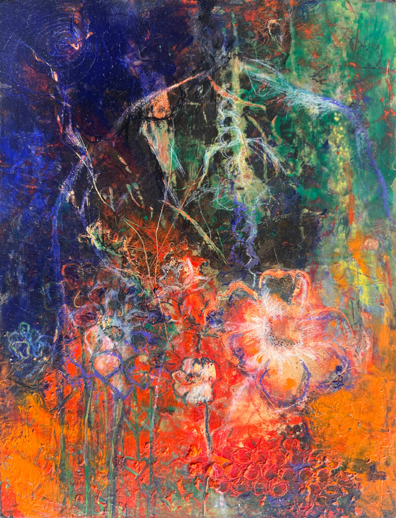 Mourning Glory. Oil, cold wax, pastel, and wax pencil on cradled wood panel. 8" x 6"