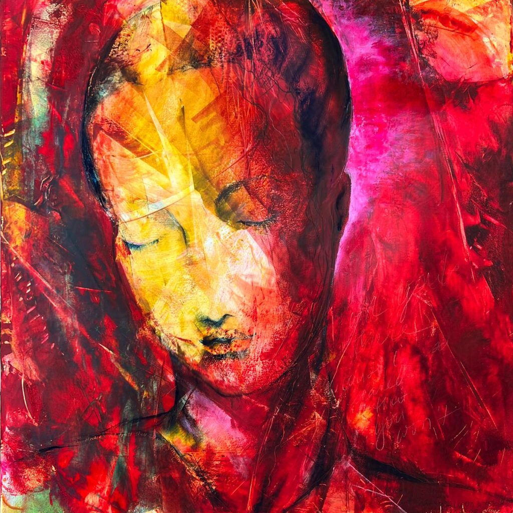 In Quietness and Trust Shall Be Your Strength. Oil, cold wax, pastel, and wax pencil on cradled wood panel. 24" x 24"