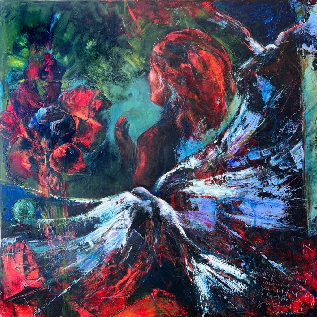 Refuge. Oil, cold wax, pastel, and wax pencil on cradled wood panel. 24" x 24"
